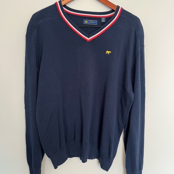 Jack Nicklaus Men's V-Neck Collar & Cuffs Sweater Navy with Red and White Trim - Picture 2 of 6